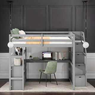 Multifunctionl Design Full Size Loft Bed with Desk and Shelves, Two Built-in Drawers, Storage Staircase, Maximized Space, Gray