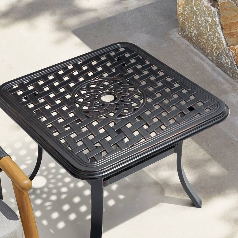 VredHom Cast Aluminum Square Side Table Outdoor with Umbrella Hole - 24.02" L x 24.02" W x 17.52" H