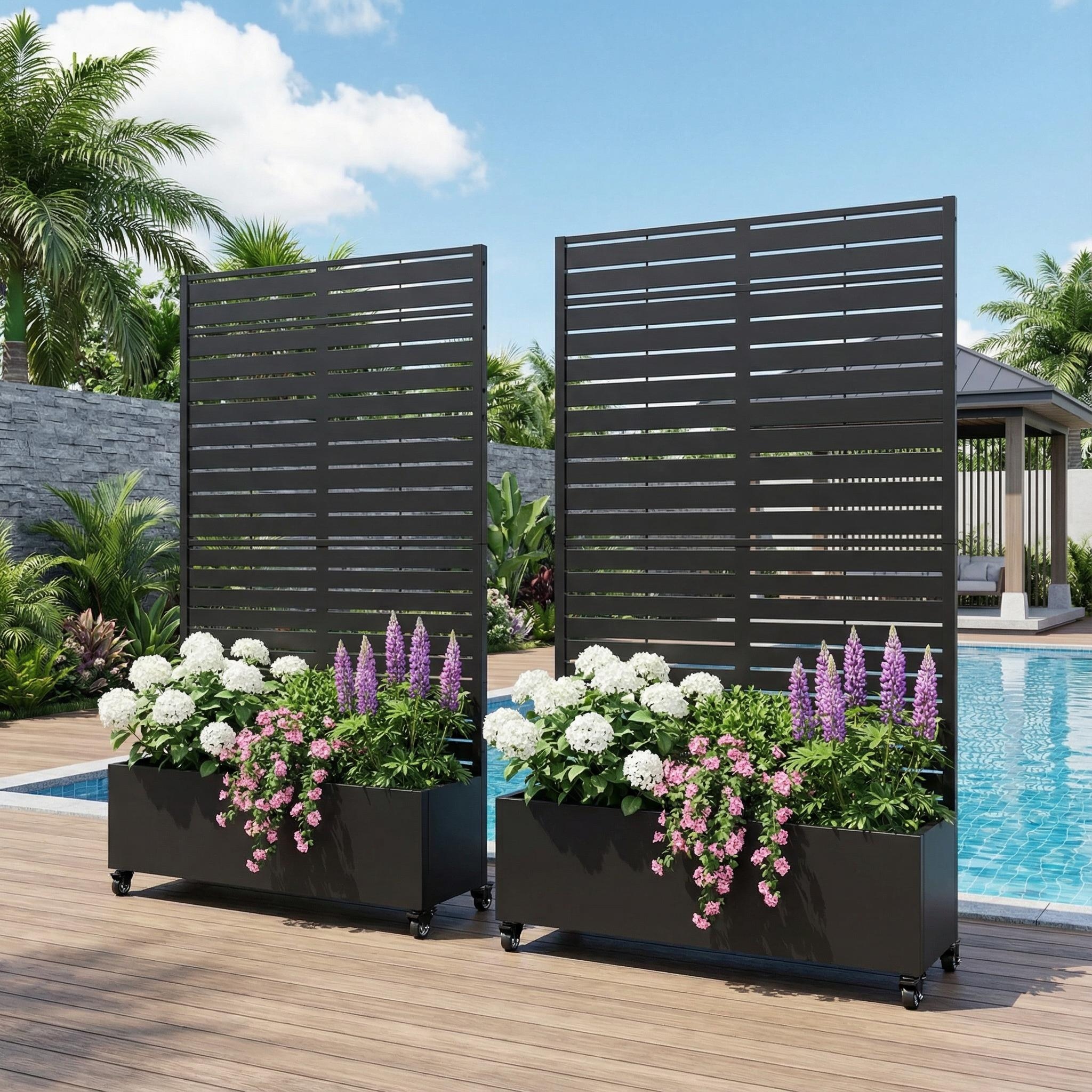 Metal Planter Box with Trellis Privacy Screen Planter Box with Lockable Wheels Set of 2