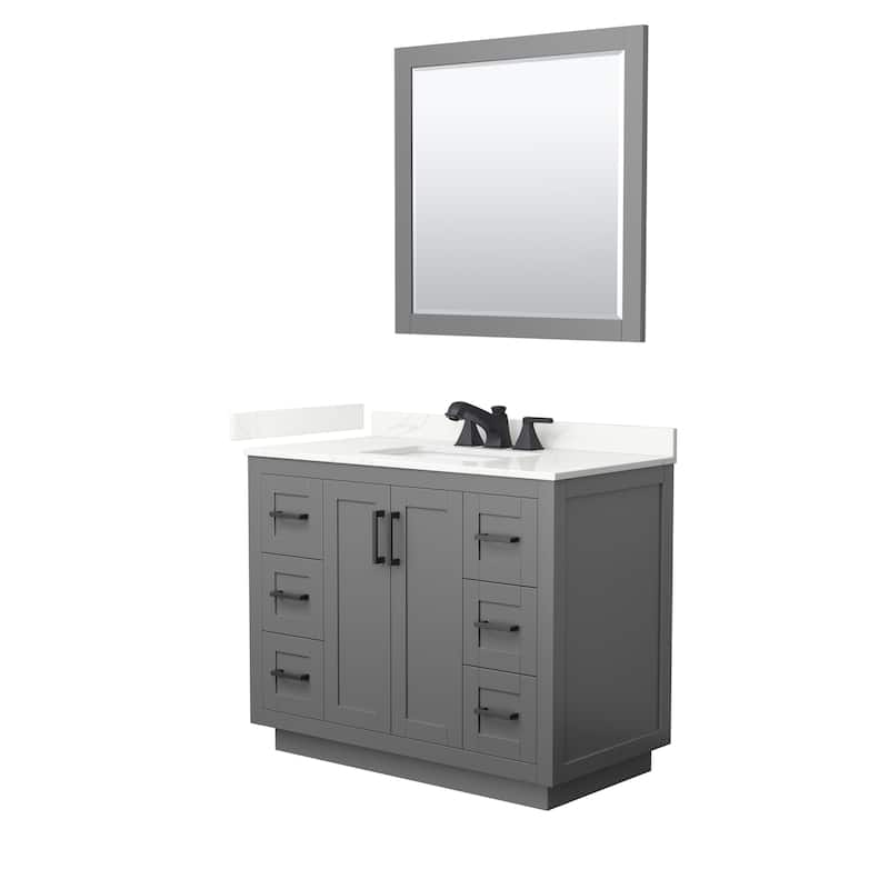 Miranda 42-inch Single Vanity, Quartz Top, 34-inch Mirror - Dark Gray, Black Trim, Giotto Quartz Top