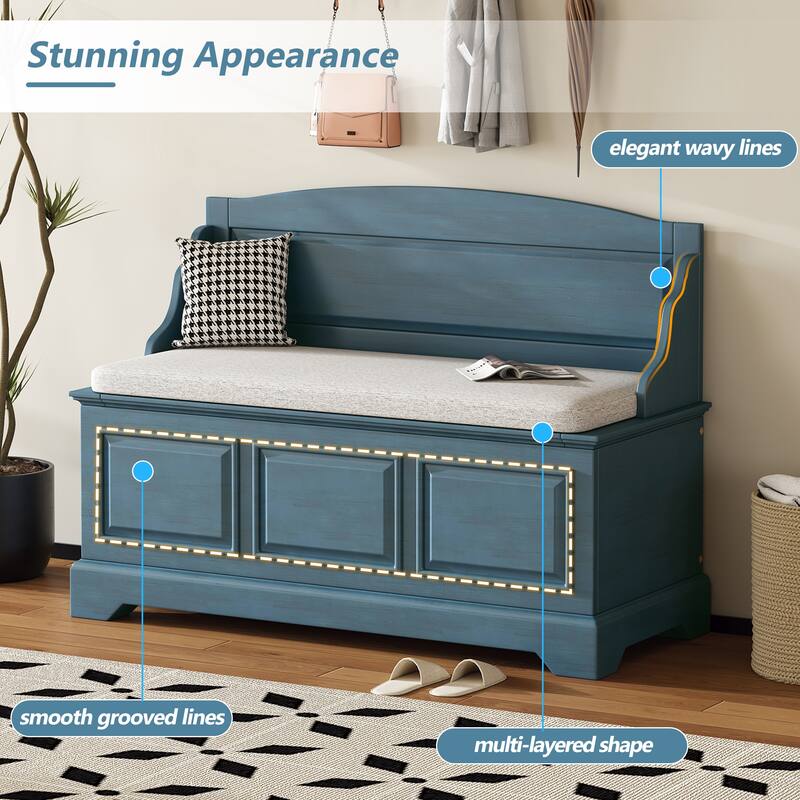 Storage Bench with Backrest, Entryway Benches with Cushion & Hidden Storage, Mudroom Bench with Soft-Close Hinged Lid