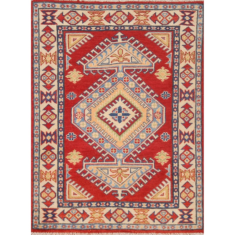 Geometric Kazak Oriental Accent Rug Hand-Knotted Red Wool Carpet - 2'7"x 3'8"