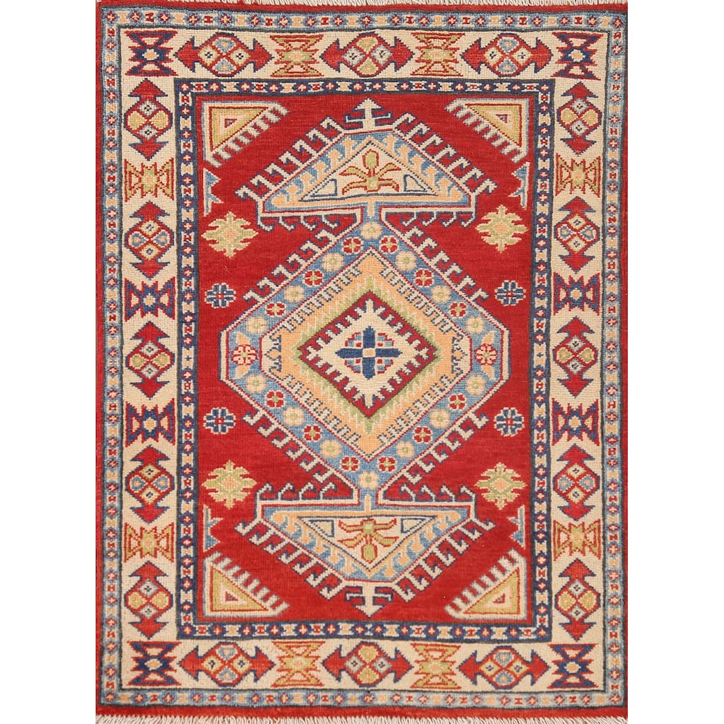 Geometric Kazak Oriental Accent Rug Hand-Knotted Red Wool Carpet - 2'7"x 3'8"