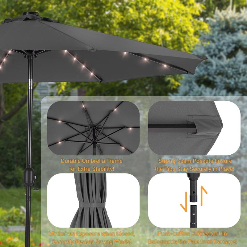 LIVOOSUN 10Ft Solar-powered Large Round Outdoor Patio Market Umbrella with Crank