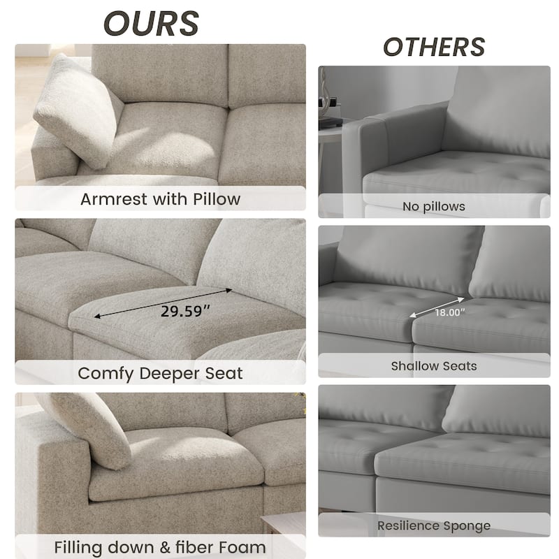 Large Down Filled Corner Sectional Sofa Couch with Ottoman for Living Room Set Linen Cloud Sectional Couches