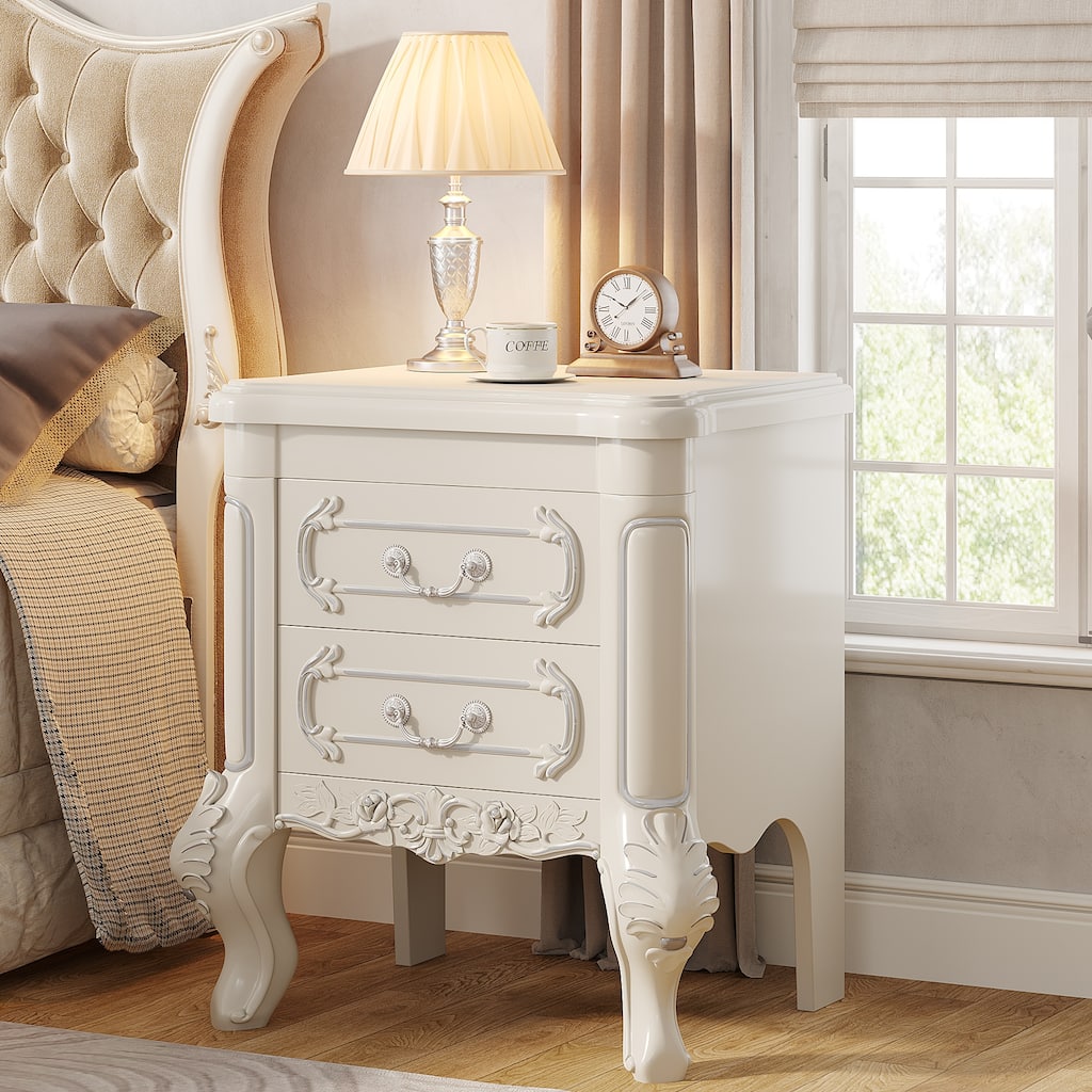 White Nightstand with 2 Drawers, Classic Carved Bedside Tables, Side Table