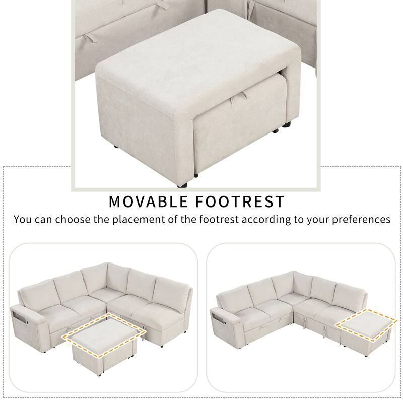 Convertible L-Shaped Sofa Couch with Storage Space, USB Charging Ports, Cup Holders, Sleeper Bed for Modern Living Rooms