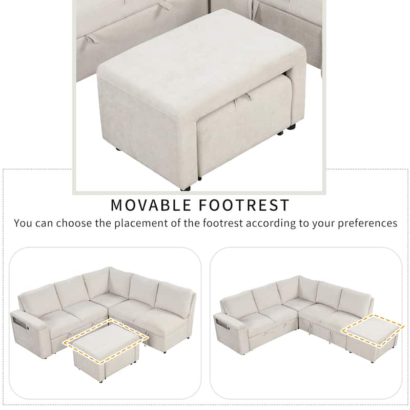 Convertible Sleeper Sectional Sofa with Pull-Out Bed & Storage, L-Shape Modular Sofa with Ottoman, USB Ports & Cup Holders