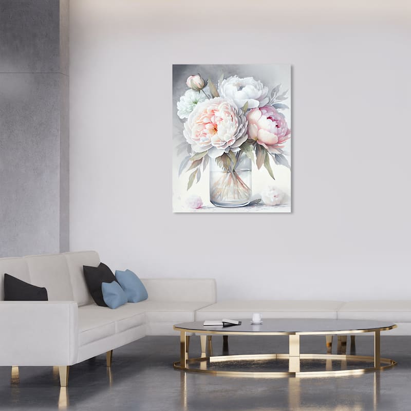 Wynwood Studio Canvas Floral and Botanical Peony Vase Gray and Light Gray Traditional Wall Art Canvas Print - 30 x 36