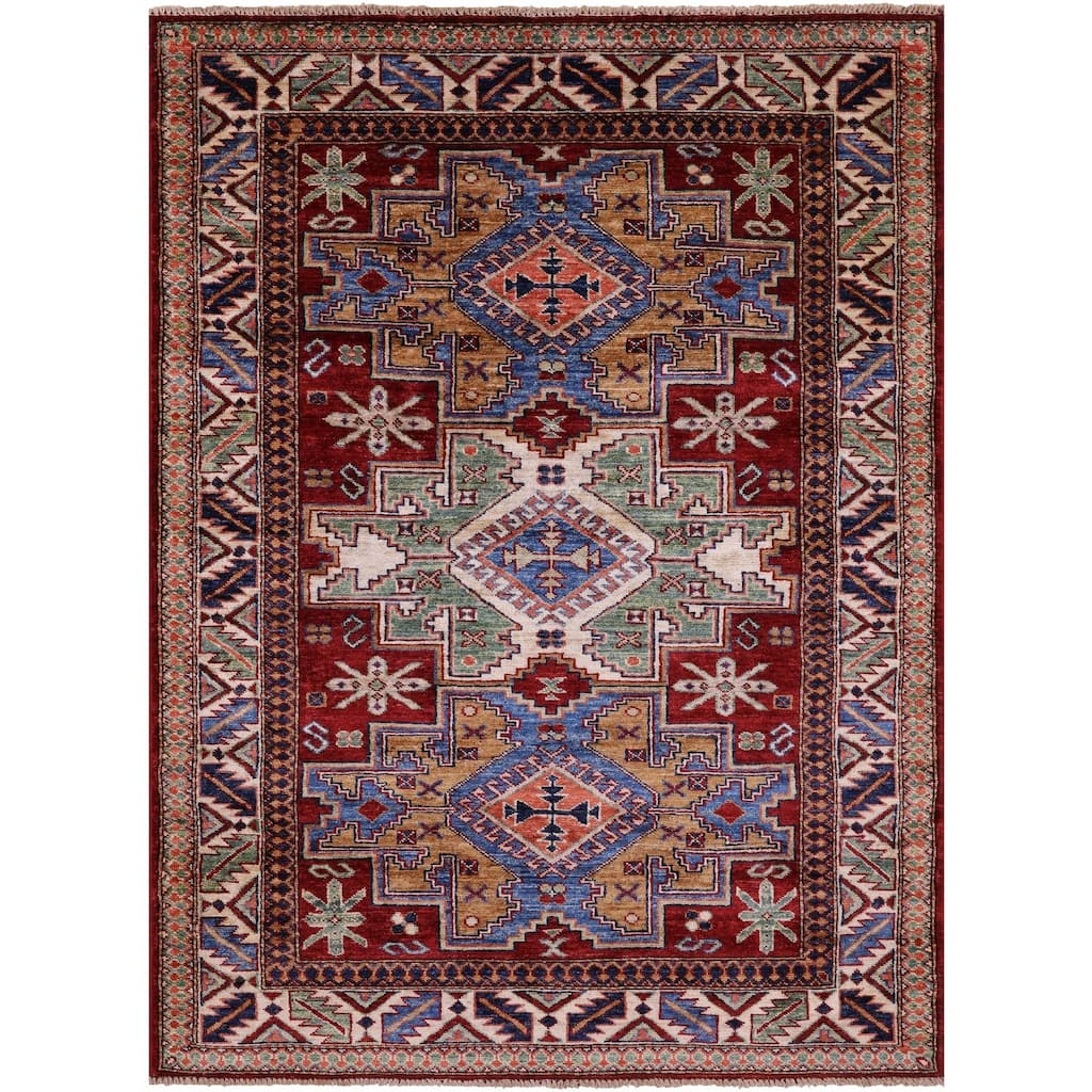 Golden Nile Red Super Kazak Hand Knotted Wool Rug - 4' 2" X 5' 6"