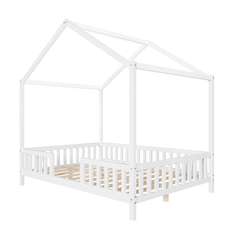 Montessori Toddler Bed Kids House Bed with Airy Canopy, Wood Bed Frame Bed Tent with 4 Full Guardrails, No Box Spring Needed