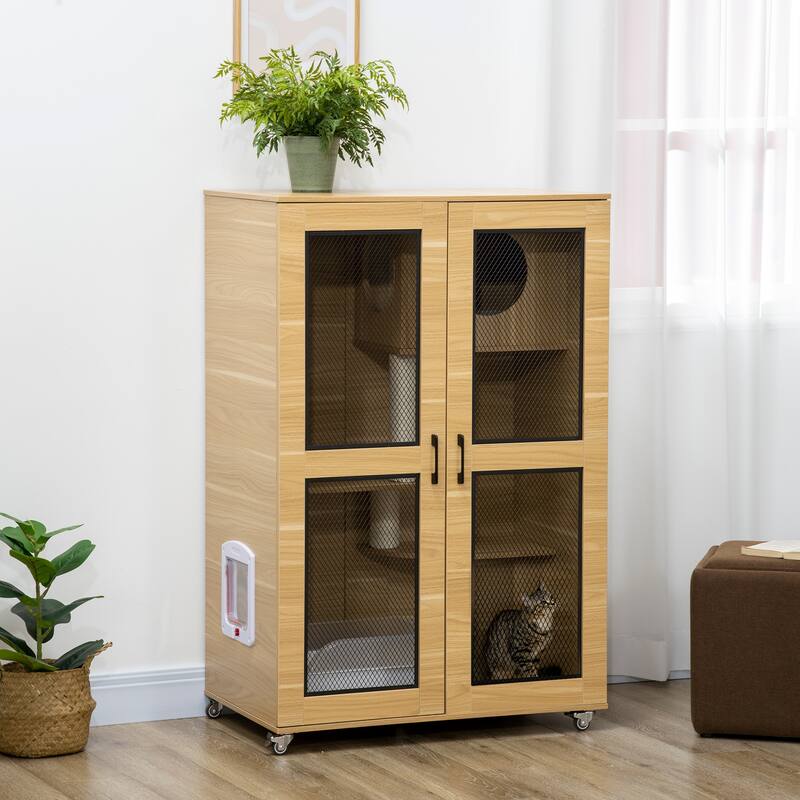 PawHut Luxury Cat House with Wheels, Kitty Cage Catio Villa for Indoor Cats with Scratching Posts - Oak