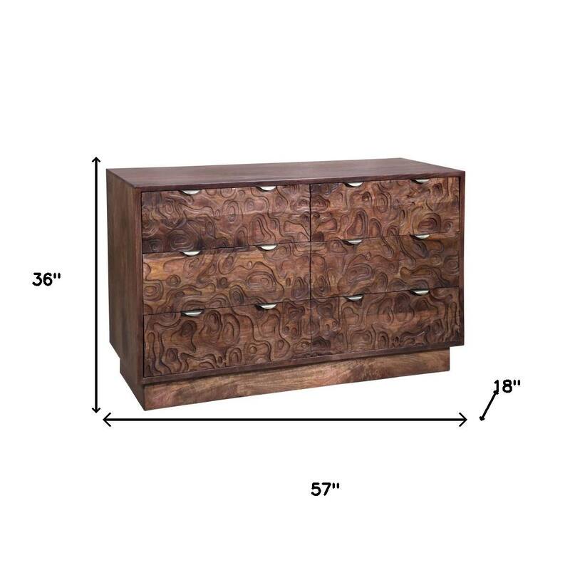 HomeRoots 57" Brown Carved Abstract Solid Wood Six Drawer Dresser