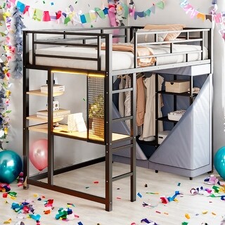 Twin Size Sturdy Metal Loft Bed Frame with Desk,Wardrobe