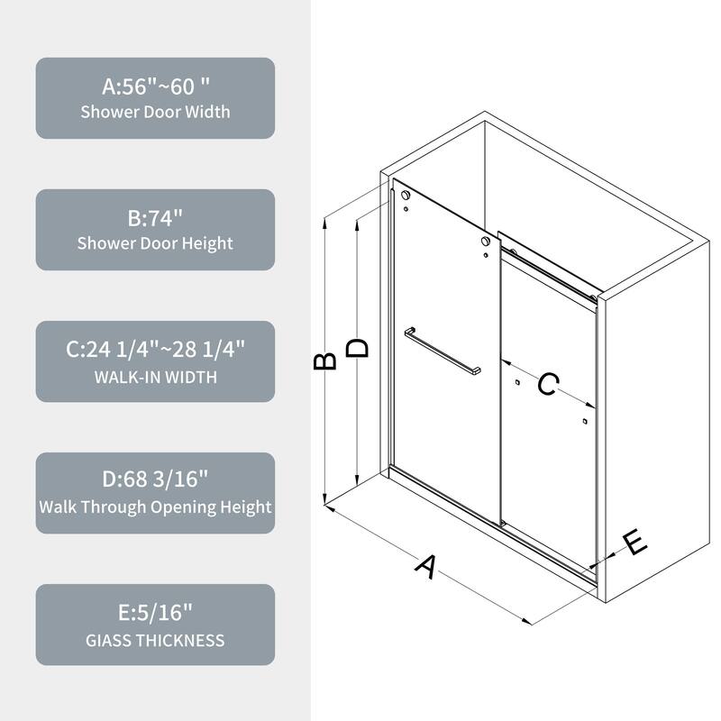 56"-60"W x 74"H Bathroom Door with Single Sliding Aluminum Frame