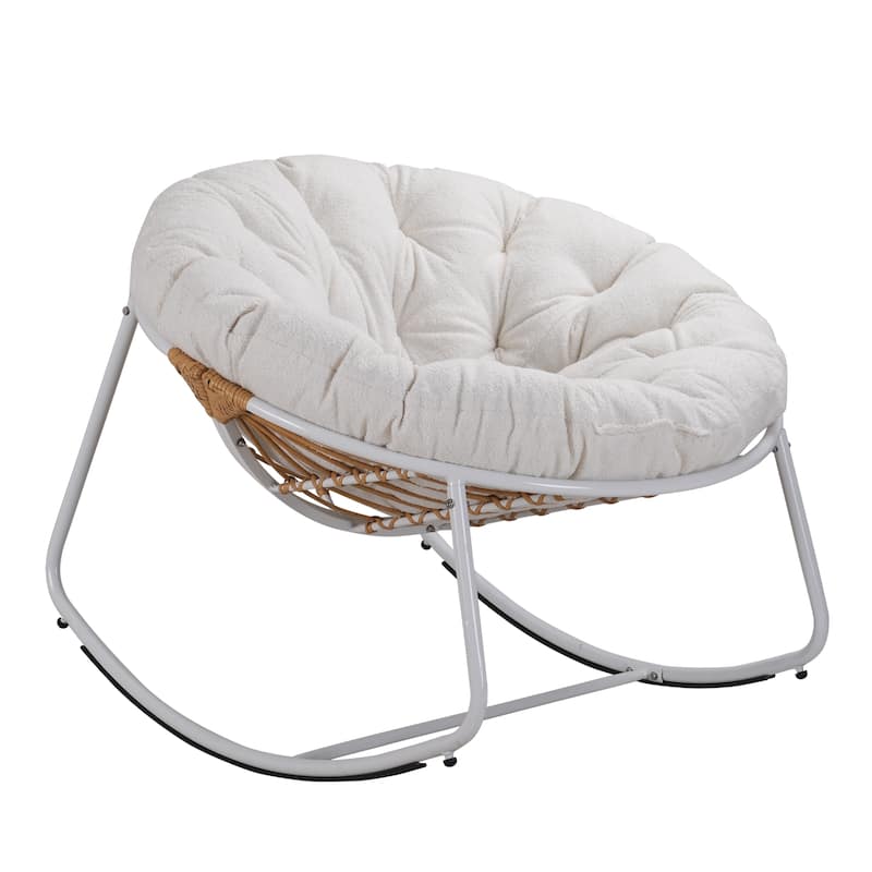Outdoor Padded Cushion Rocking Chair, Oversized Metal Frame Egg Chair - White