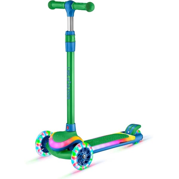 slide 2 of 54, 3-Wheel Kids Scooter with Multi-Color Lights on Deck & Wheels – 5-Height Adjustable Handlebar, Green Blue