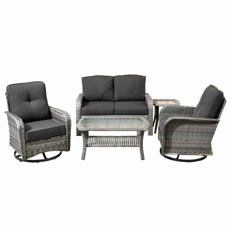 HOOOWOOO 5-piece Grey Wicker Furniture Chat Set Patio Conversation Set with Swivel Chair