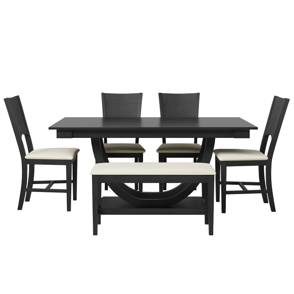 6-Piece Dining Table Set, 59" Wood Dining Table with 4 Upholstered Chairs and 1 Bench, Half Round Base Kitchen Table and Chairs