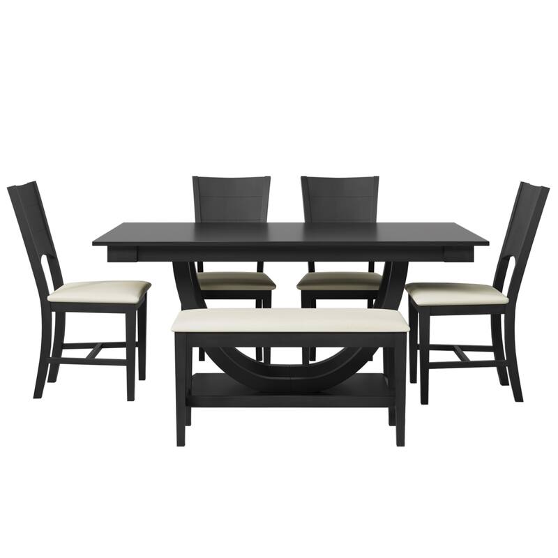 Modern 6-Piece Wood Half Round Dining Table Set Kitchen Table Set with Long Bench and 4 Dining Chairs
