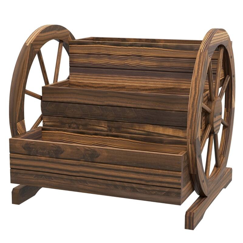 3-Tier Wooden Raised Garden Bed with Vintage Wheel Design - 24.5" L x 24" W x 22.5" H - Brown
