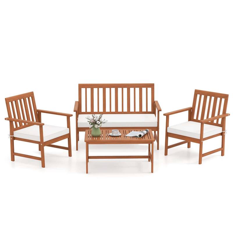 Costway 4/8 PCS Acacia Wood Furniture Set Coffee Table & 2 Armchairs