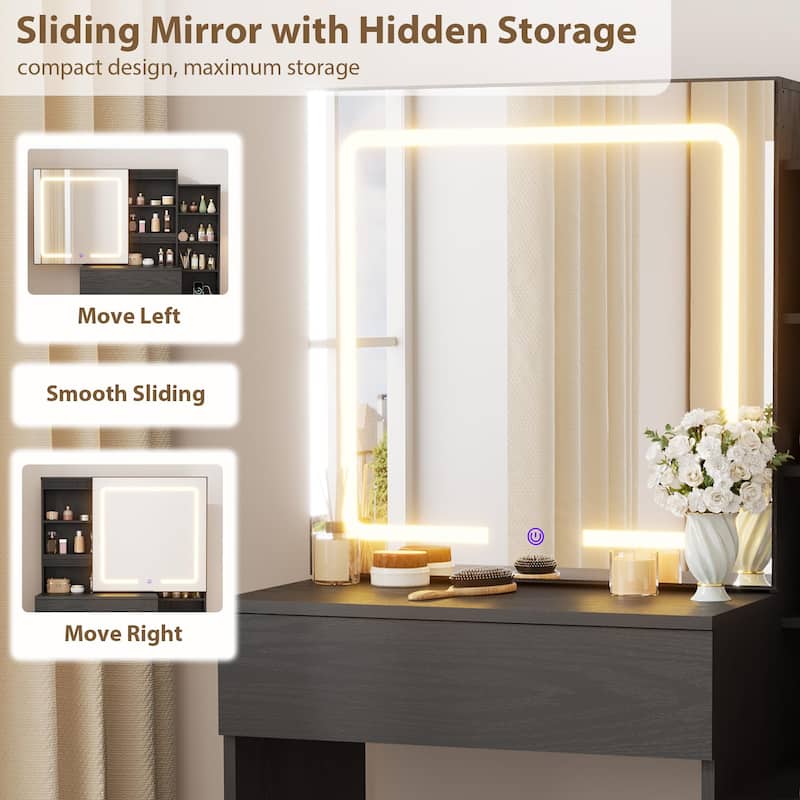 Vanity Desk with Sliding Mirror and Lights, Modern Makeup Vanity Table with 4 Drawers and 7 Storage Shelves