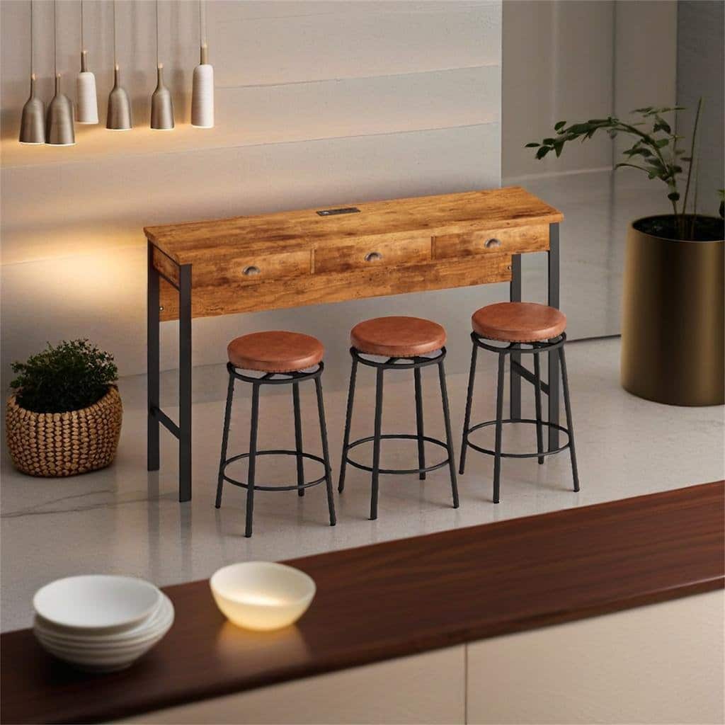 3-Drawer Long Dining Table Set with Power Outlets