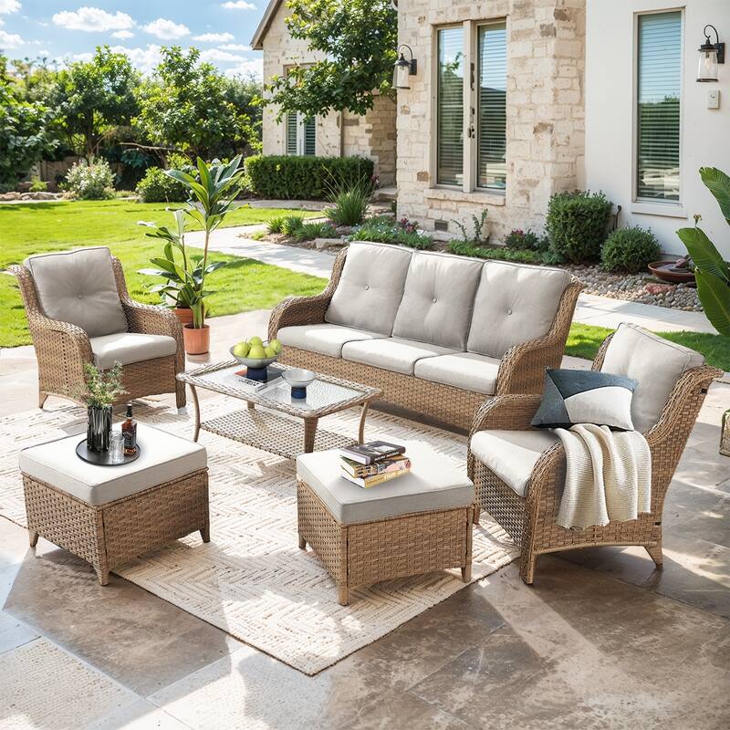 Pocassy 6 Pieces Outdoor 3-Seat Sofa Chairs Table Ottoman - Yelllow Wicker - Beige cushion
