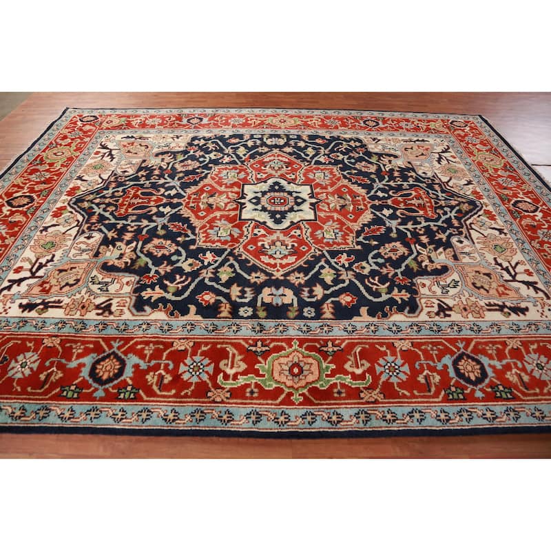 Hand Knotted Oriental 100% Wool Carpet Traditional All-Over Navy Blue & Blues Heriz (serapi) Area Rug - 12' 0'' X 9' 1''