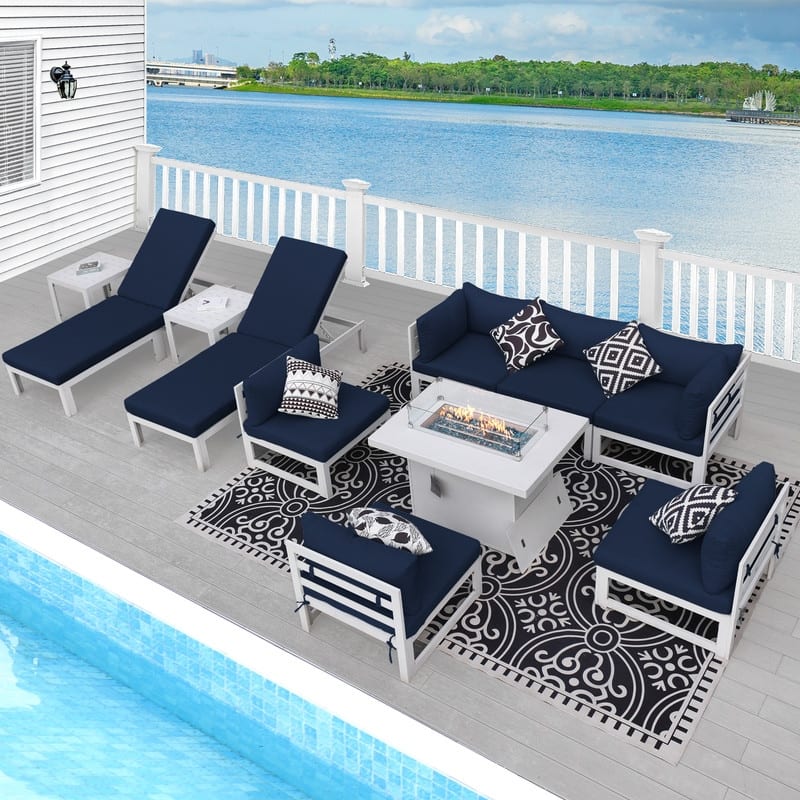 FINCATI 11-piece Oversized Patio Aluminum Sectional Deep Seating Conversation Sofa Set with Lounge Chaises - Navy Blue
