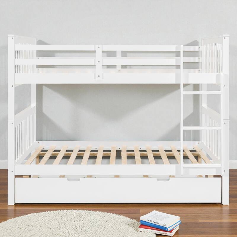 Full over Full Wood Bunk Bed with Storage Drawers and Ladder, Convertible Beds with Guardrails for Bedroom or Guest Room