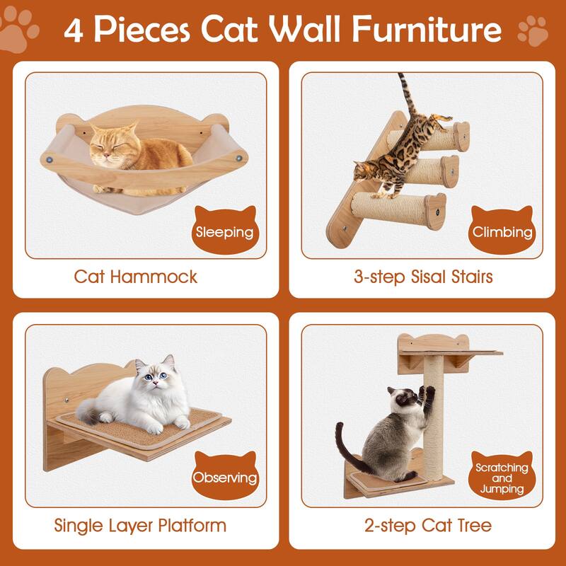 Natural Plywood Cat Wall Shelves with Hammock, Stairs and Scratching Posts - Hammock: 19" L x 13.5" W x 6.5" H