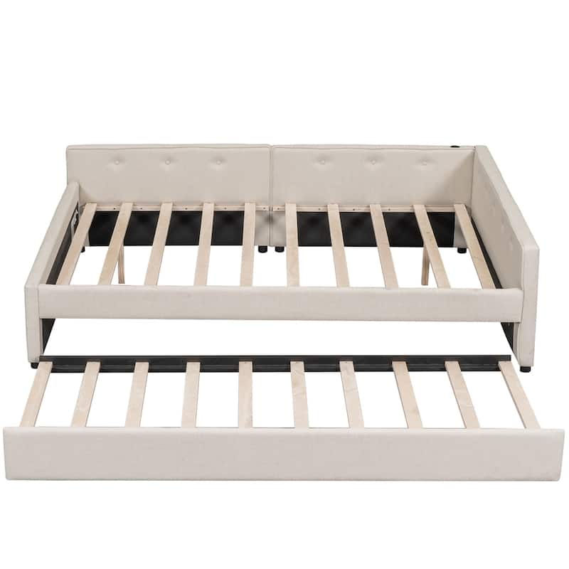 Modern Upholstered Platform Bed with USB and Twin Size Trundle