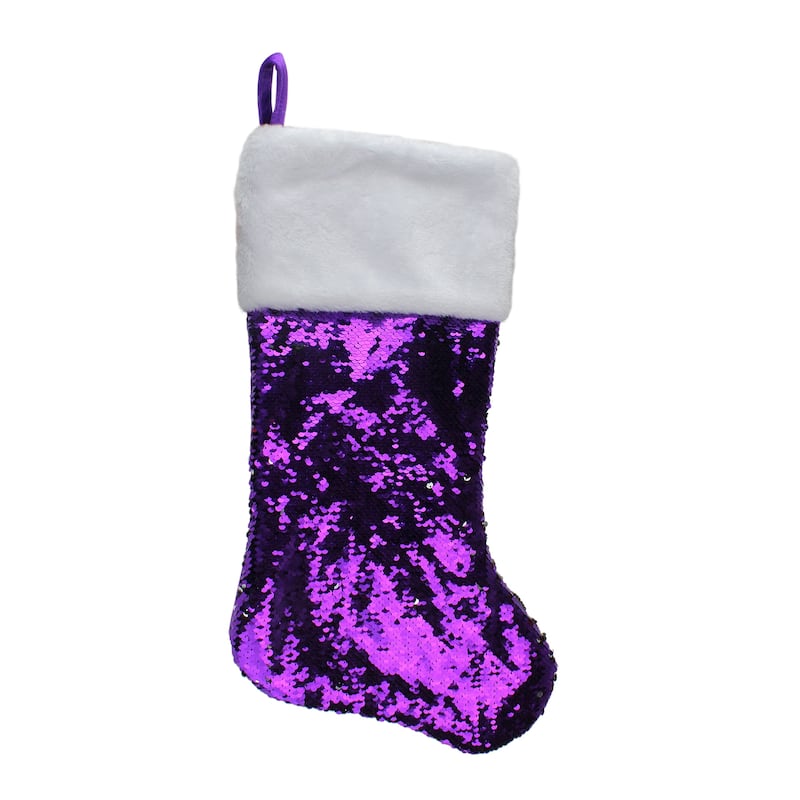 23" Purple and Silver Reversible Sequined Christmas Stocking with Faux Fur Cuff