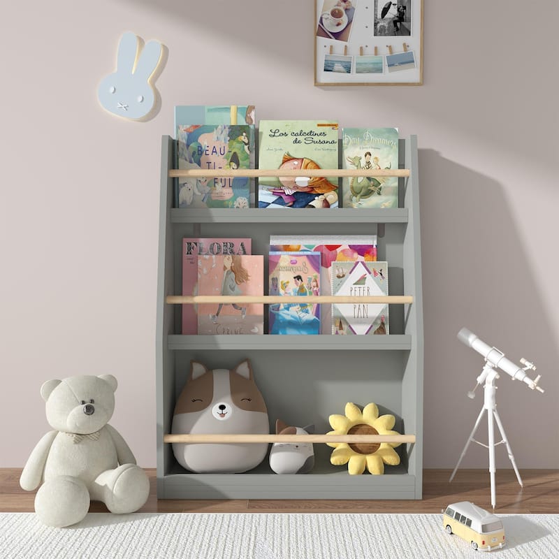 Anmytek 3-Tier Kids Wall Bookshelf with Slanted Front & Guardrails, Pastel Finish Wooden Display for Bedroom