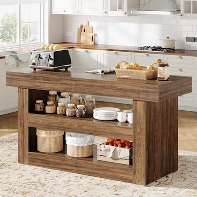 55-Inch Kitchen Island with Storage, 3-Tier Island Table with Large Countertop for Kitchen, Dining Room