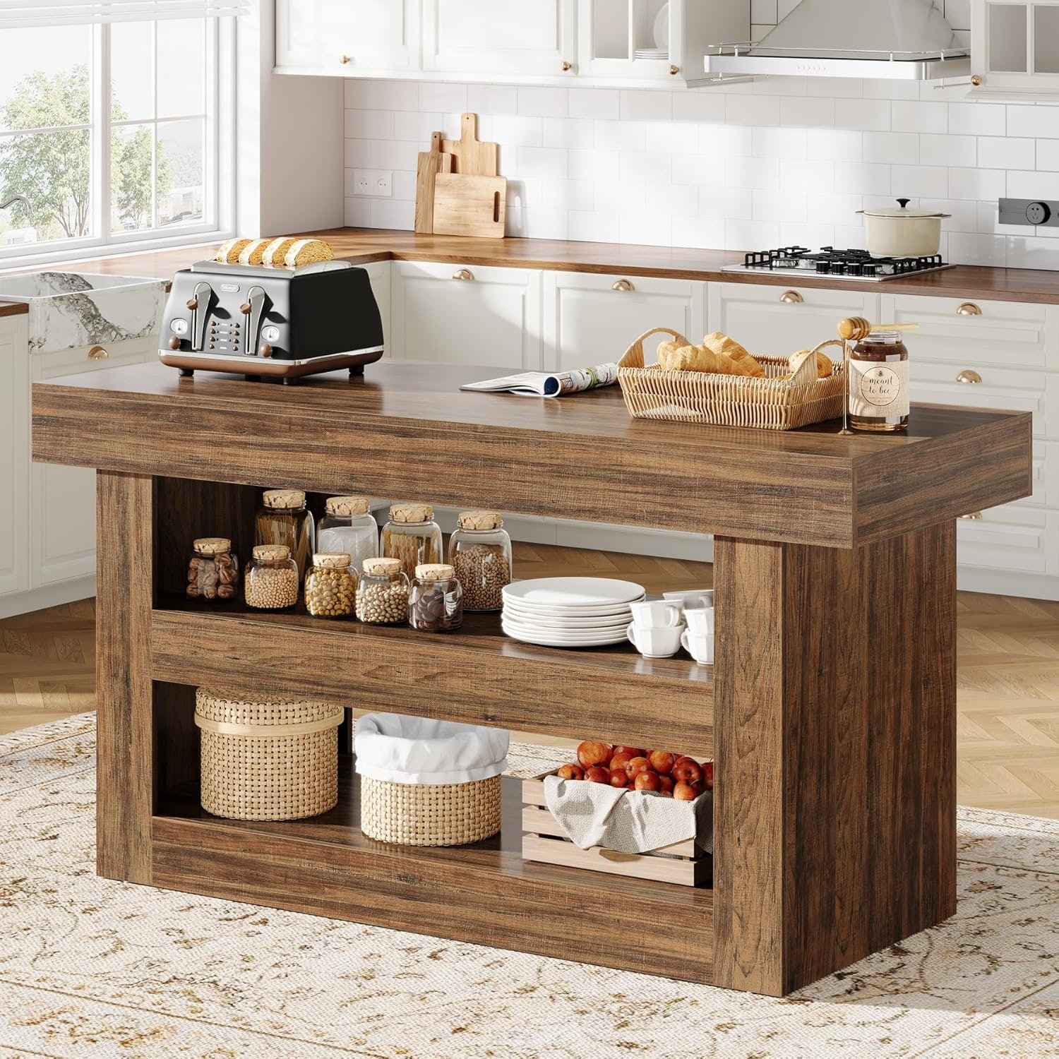 55-Inch Kitchen Island with Storage, 3-Tier Island Table with Large Countertop for Kitchen, Dining Room