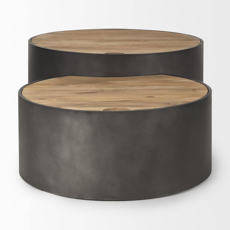 Eclipse Gunmetal Grey Drum Base w/ Medium Brown Solid Wood Top Nesting Coffee Tables (Set of 2)