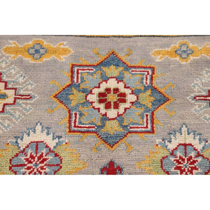 Grey Geometric Kazak Oriental Area Rug Hand-Knotted Wool Carpet - 5'1" x 6'7"