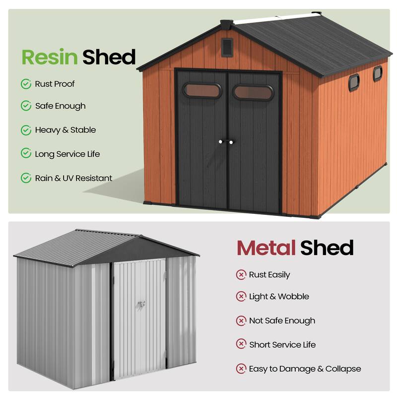8X12 FT All-Weather Waterproof Plastc Outdoor Resin Storage Shed Windows Lockable Door with Floor for Patio Furniture and Tools