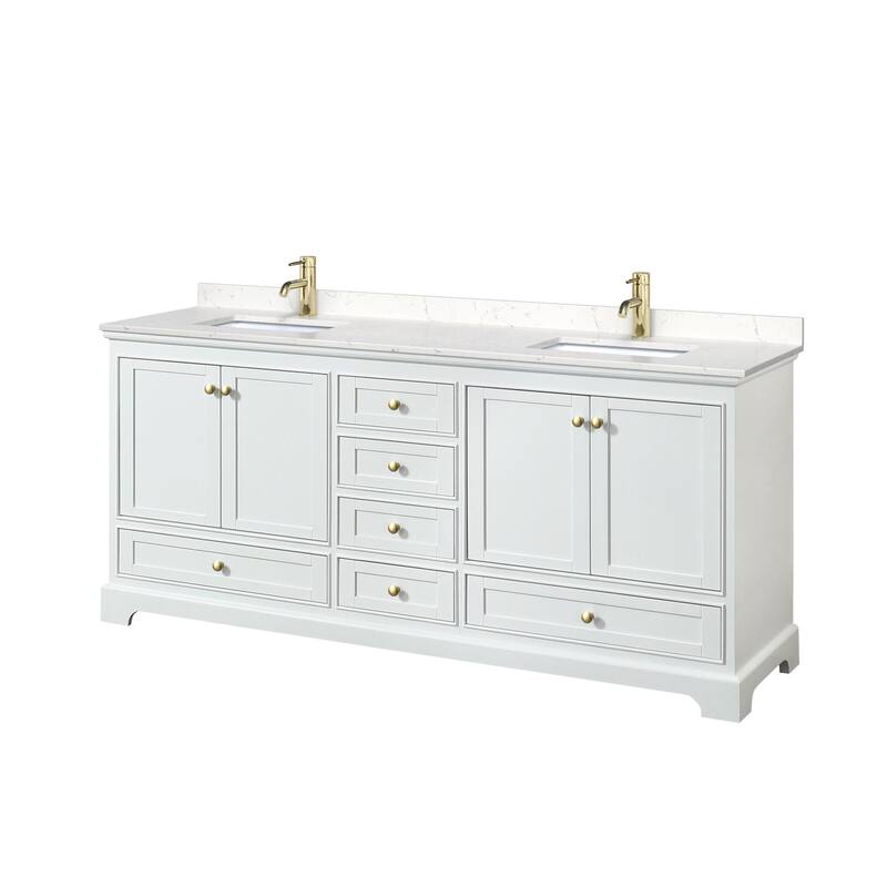 Wyndham Collection Deborah 80" Free Standing Double Basin Vanity Set - White / Carrara Cultured Marble Top / Brushed Gold