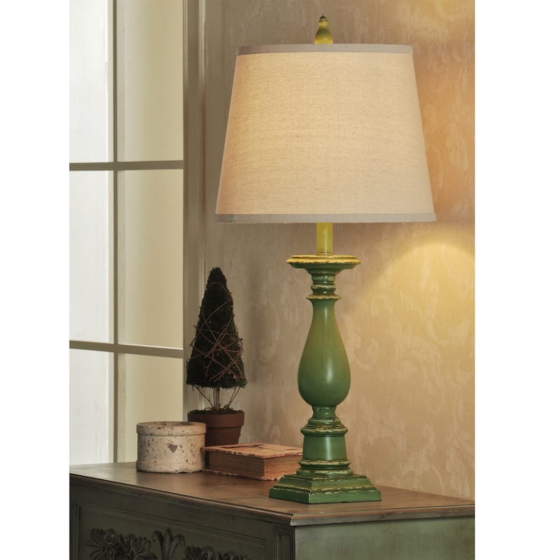 StyleCraft Mackinaw Distressed Green Table Lamp - Off-White Hardback Fabric Shade