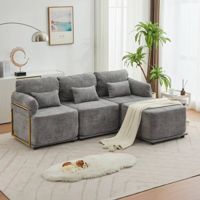 XINMICS Modular Sectional Sofa L Shaped Couch, 3 Seat Sofa Set with Ottoman, Chenille Fabric - Grey-4 Pieces