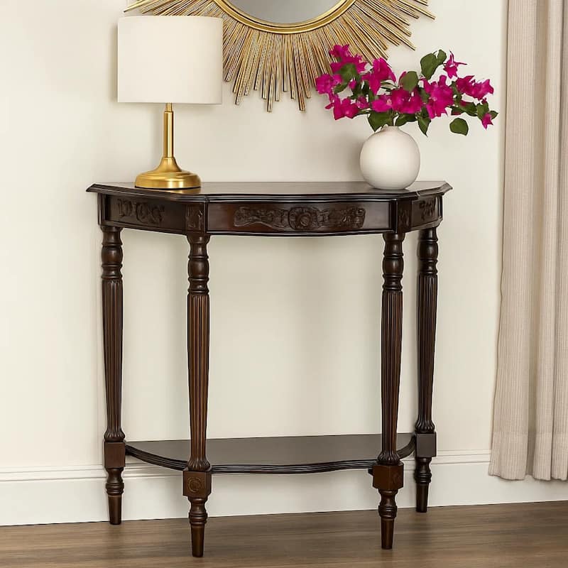 Half Crescent Moon Shape Engraved Wooden Console Table with 1 Drawer,Brown