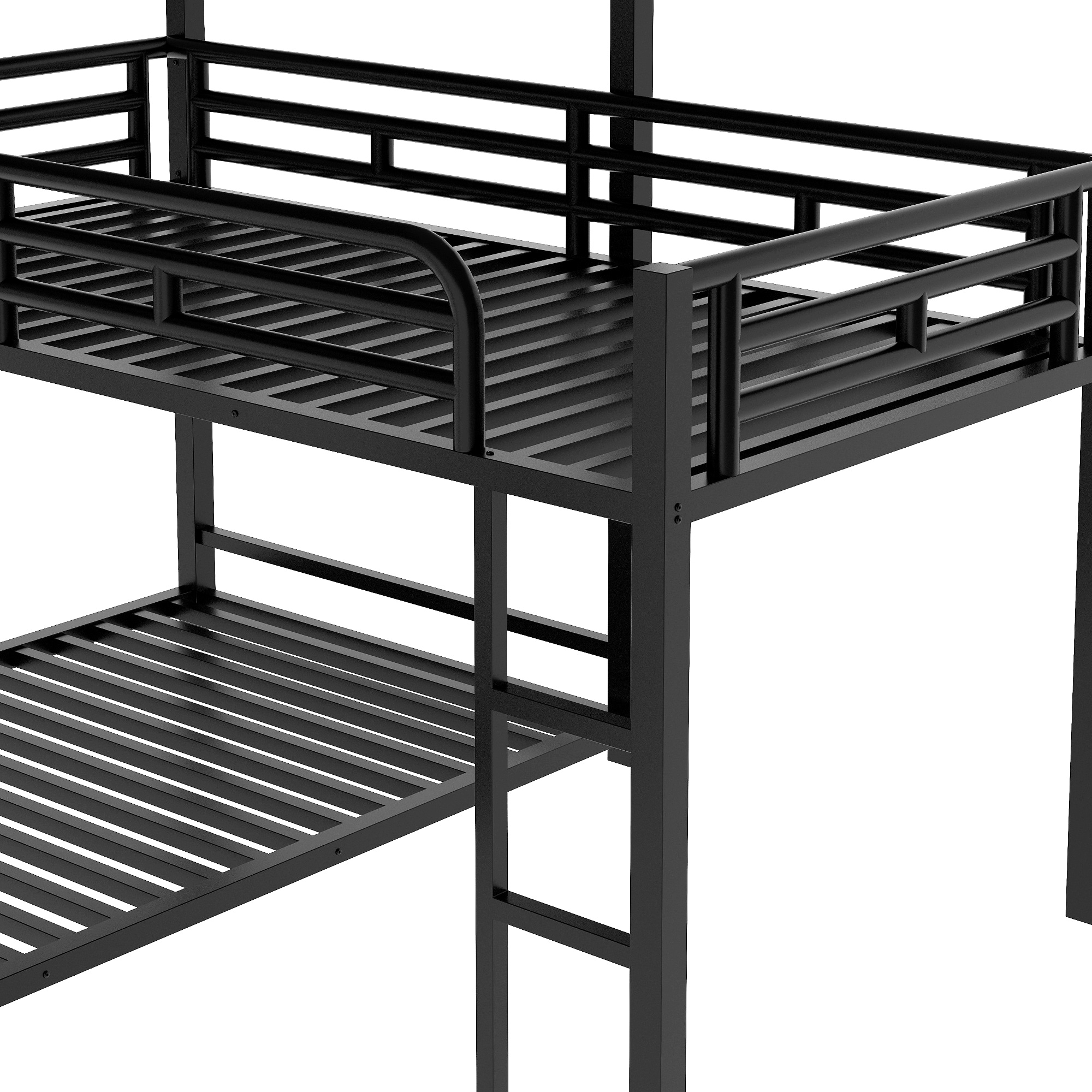 Black Metal L shaped Triple Twin Size Bunk Bed Sturdy Frame