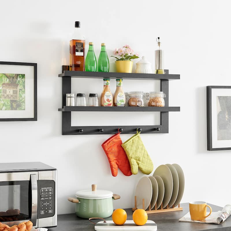 Danya B. 2-Tier Wall Shelf with 5 Hanging Hooks - Entryway or Bathroom