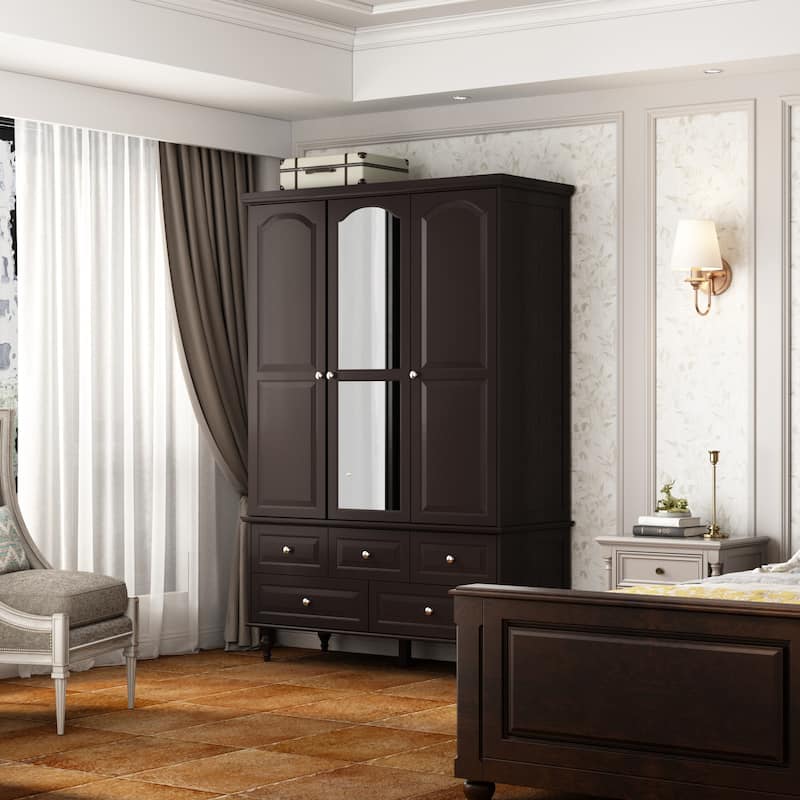 3-Door Wardrobe Armoire with Mirror, 70.9" Tall Freestanding Closet Cabinet Storage Wardrobe for Bedroom
