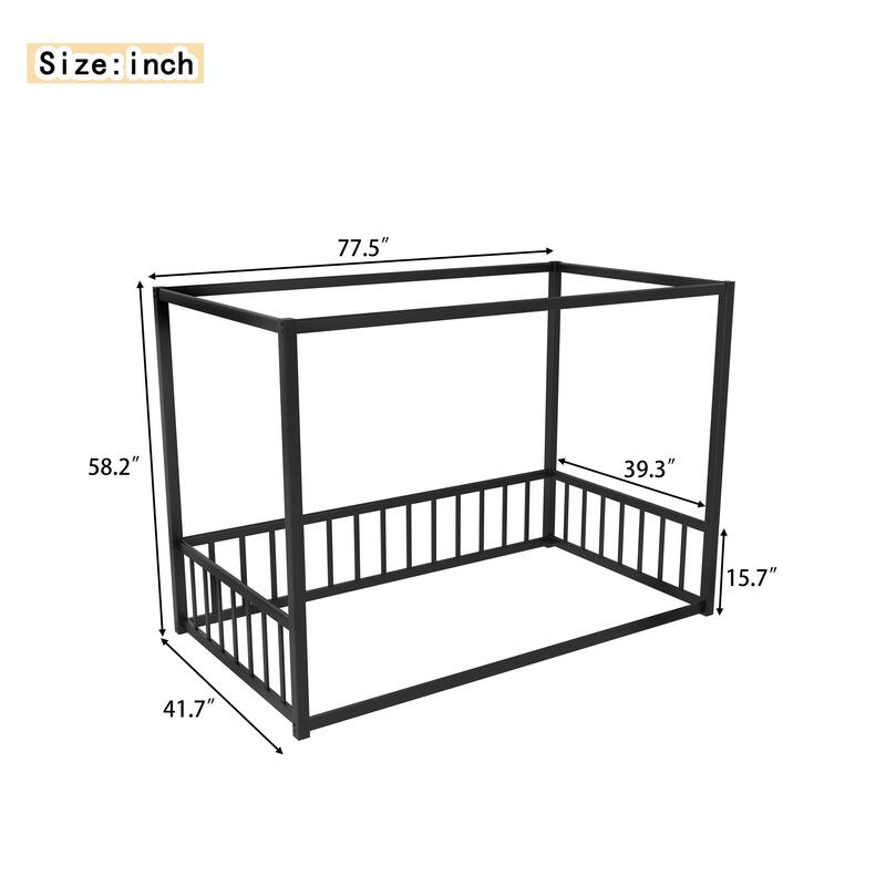 Queen Size Modern Floor Bed Frame with Canopy Structure and Full Guardrails, Low-Profile Metal Platform Bed