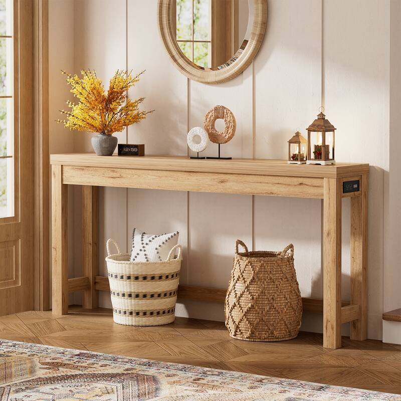 63-In Console Table with Charging Station, Farmhouse Entryway Table/ Behind Couch Table - Brown